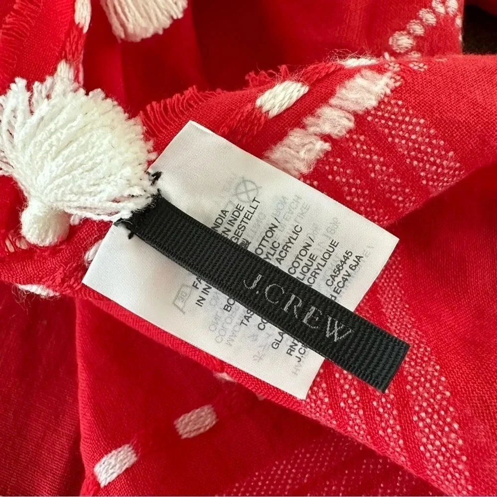 J‎ Crew one Size Red White Rectangular Scarf Tassel Trim Valentines Day Summer